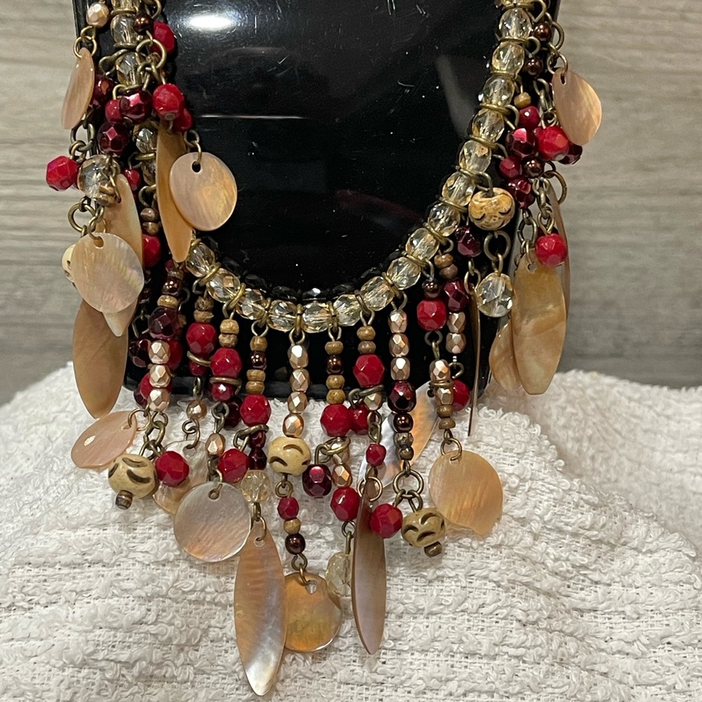Vintage Chico’s Beaded Necklace with Red/Gold Accents and mother of pearl fringe - Picture 4 of 8